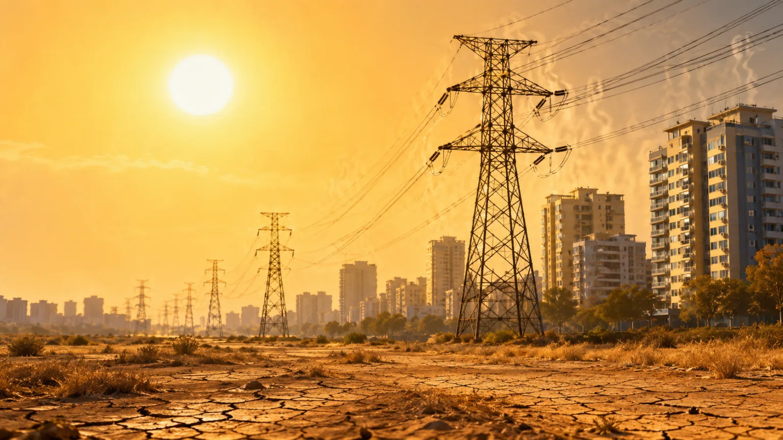 Ligne électrique et ville sous un soleil de canicule, illustrant le risque de coupure de courant pendant les fortes chaleurs