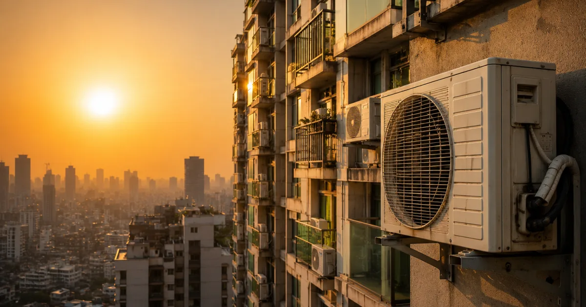 Climatiseurs en façade d'immeuble pendant une canicule, illustrant l'impact environnemental et le coût de la climatisation
