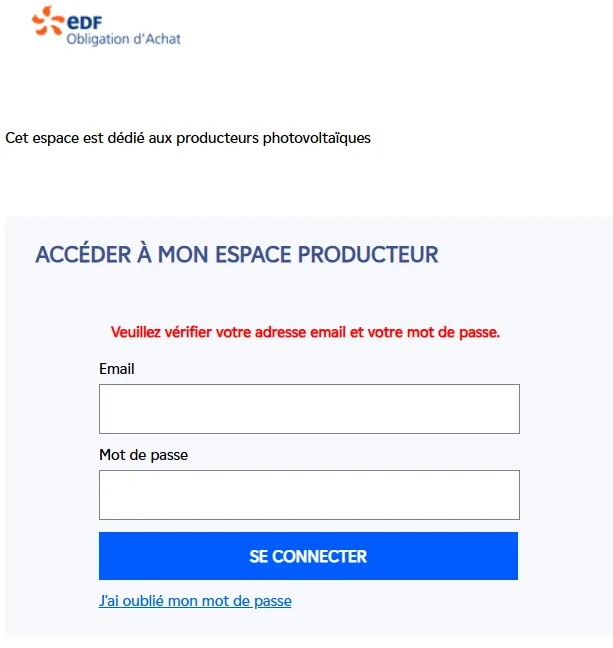 Page de connexion de l'espace client EDF OA Solaire avec les champs email et mot de passe