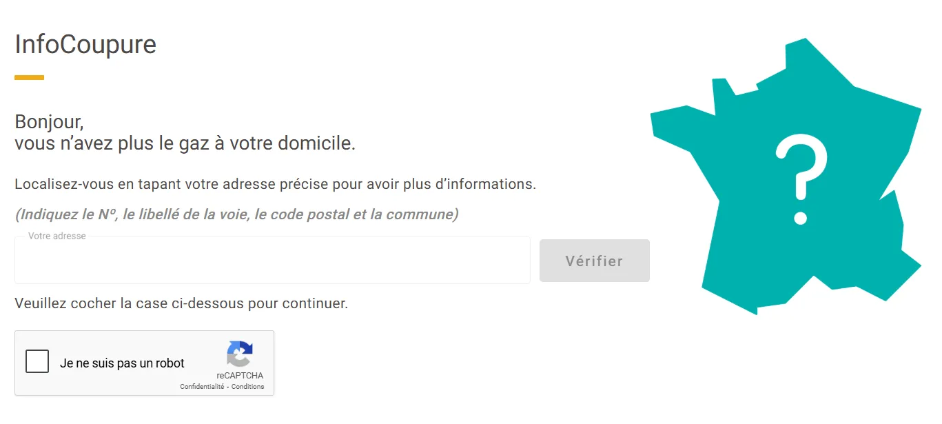 Interface InfoCoupure GRDF permettant de vérifier les incidents sur le réseau de gaz