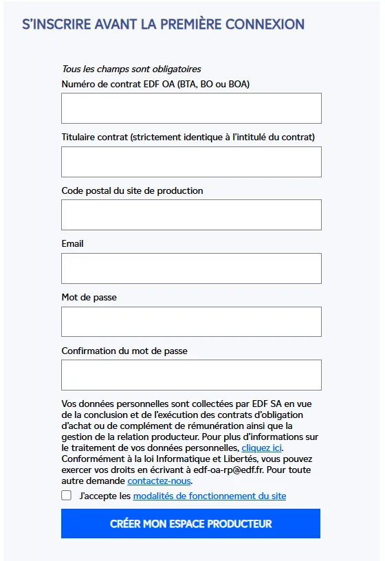 Formulaire d'inscription EDF OA Solaire avec les champs référence de contrat, titulaire, email et code postal