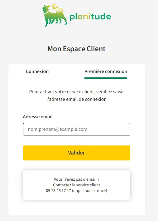 Écran de première connexion à l'espace client Plenitude