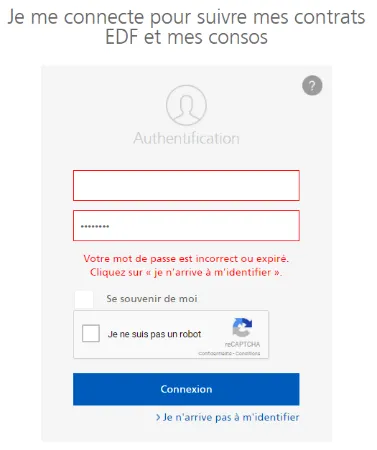 Page de réinitialisation du mot de passe EDF