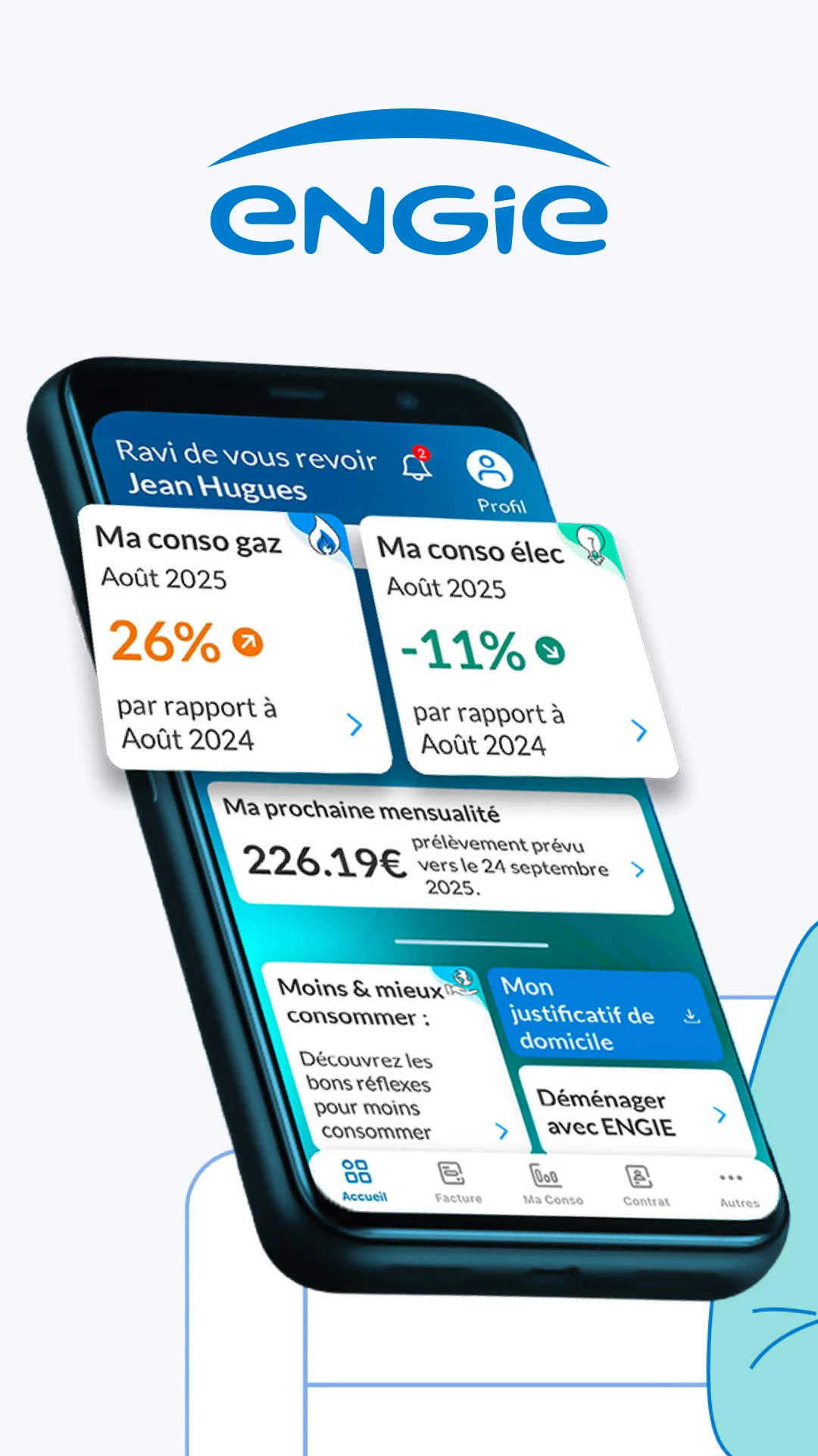 Écran d'accueil de l'application Engie Particuliers avec suivi conso gaz et électricité