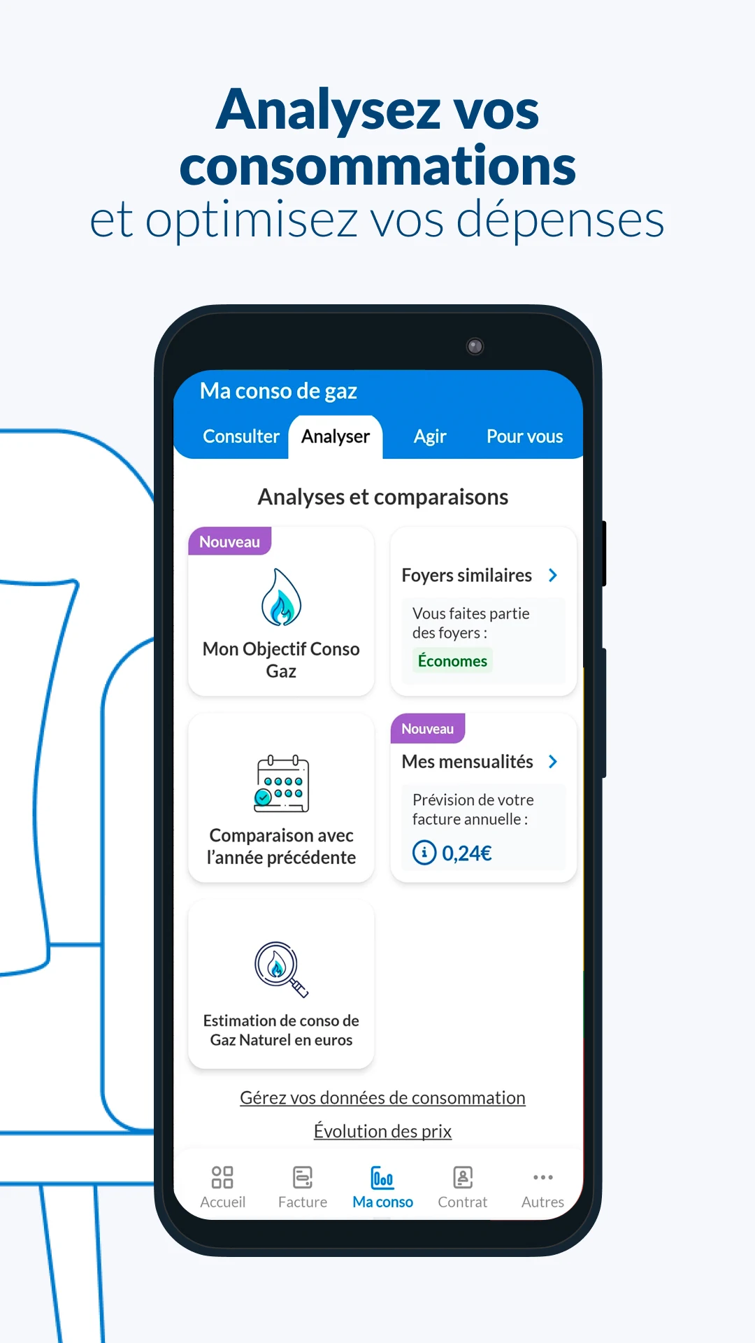 Écran Analyse de consommation gaz de l'app Engie avec foyers similaires et mes mensualités