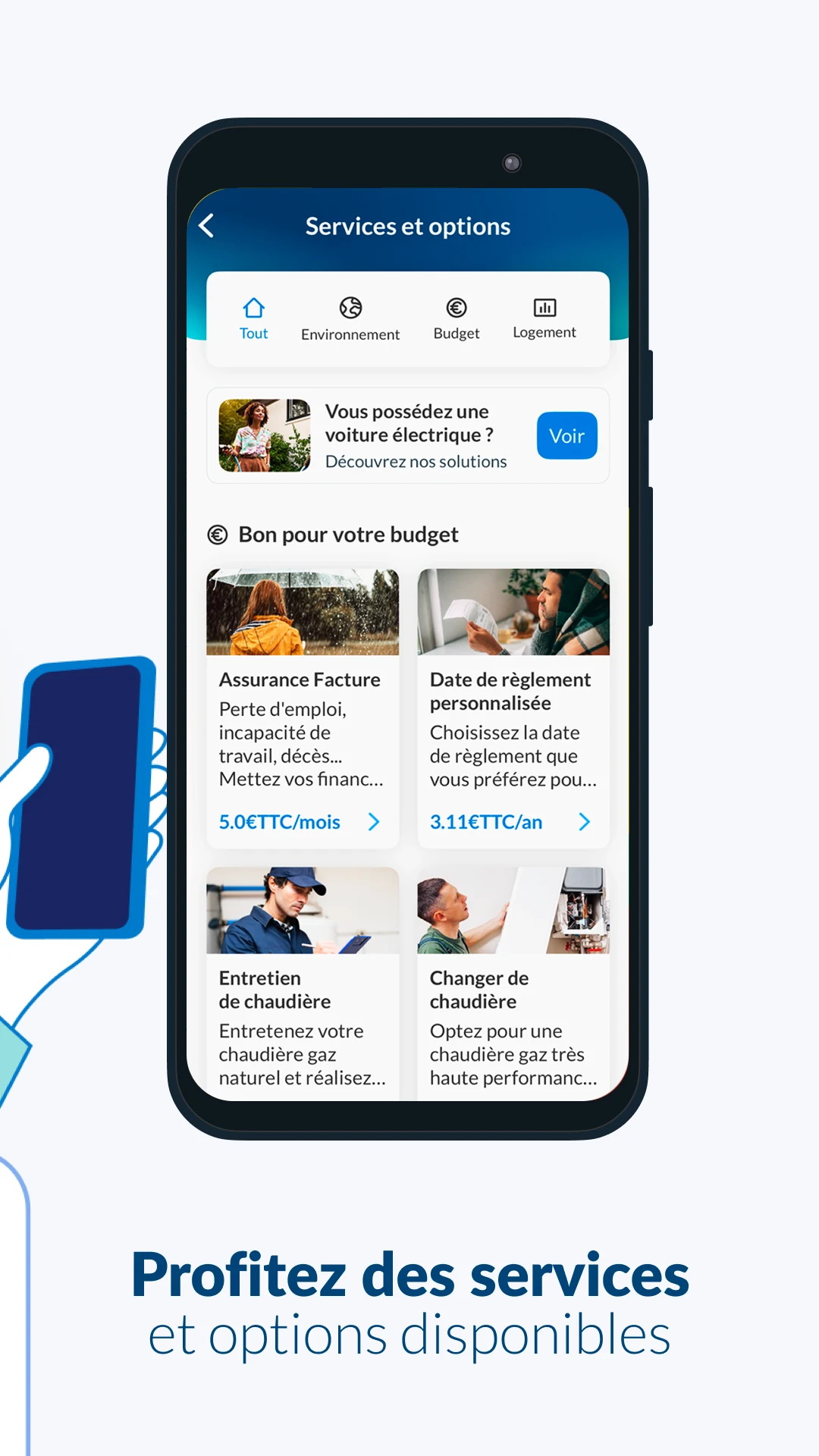 Écran Services et options de l'app Engie : assurance facture, entretien chaudière, changer de chaudière