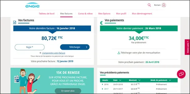 Liste des factures Engie dans l'espace client