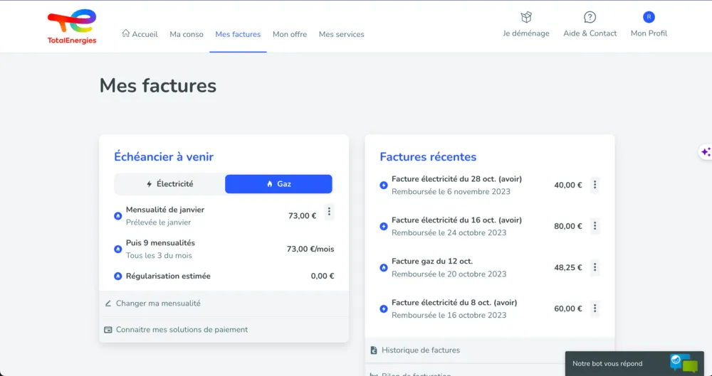 TotalEneries Espace Mes Factures