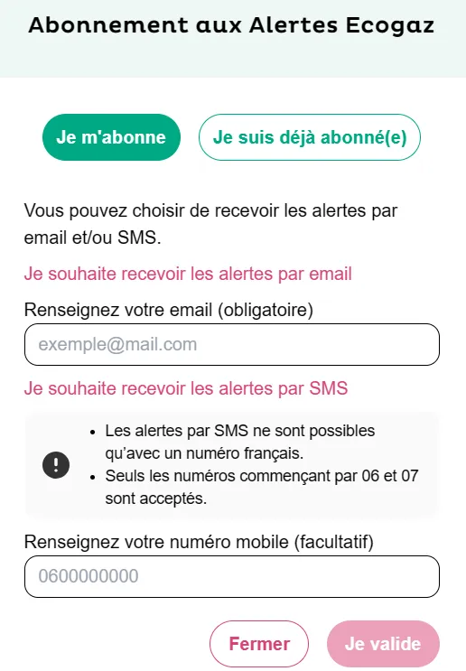 Capture de l'alerte Ecogaz montrant le niveau de consommation gaz
