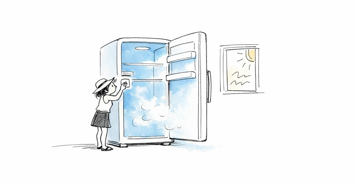 Réfrigérateur ouvert dans une cuisine baignée de lumière chaude pendant une canicule, illustrant la surconsommation d'électricité