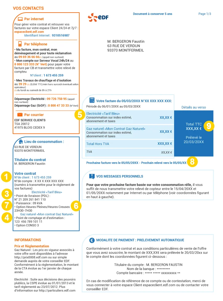 Recto d'une Facture EDF